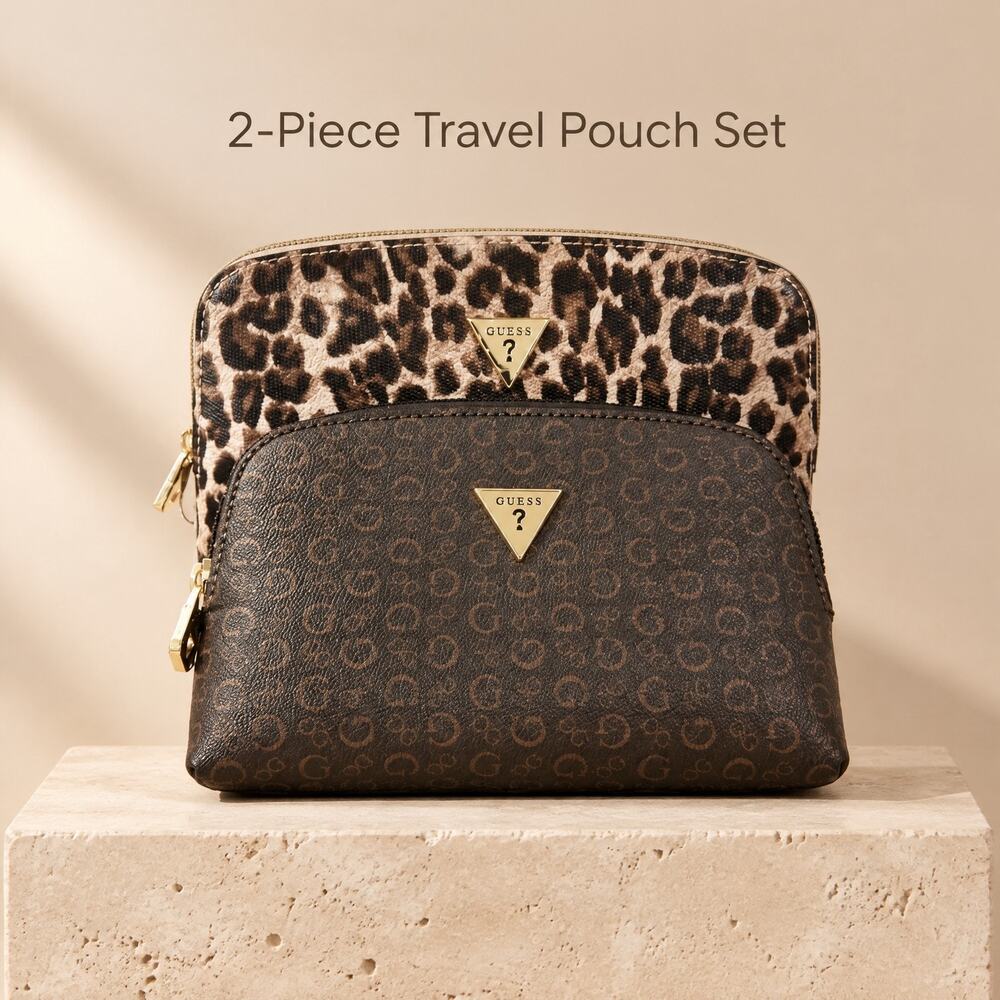 GUESS Travel Cosmetic Makeup Bag Brown Monogram Leopard Print Pouch